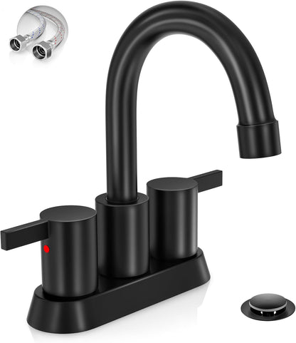 4 Inch 2 Handle Centerset Matte Black Lead-Free Modern Bathroom Faucet, 360 Swivel Spout 2-3 Hole RV Bathroom Vanity Sink Faucet with Pop up Drain and Water Supply Lines,Bf015-1-Mb