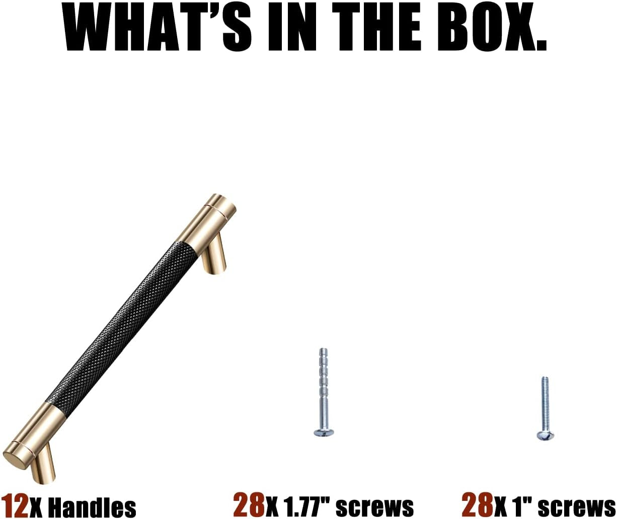 12 Pack 5 Inch 128 Mm Knurled Cabinet Handles Cabinet Pulls Aluminum Handles Knurled Drawer Pulls Gold and Black Oxidation Finish with Diamond Pattern 6.2" Length (5" Hole Center)