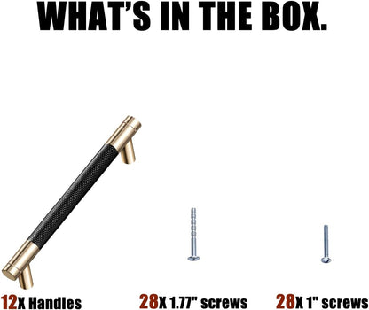 12 Pack 5 Inch 128 Mm Knurled Cabinet Handles Cabinet Pulls Aluminum Handles Knurled Drawer Pulls Gold and Black Oxidation Finish with Diamond Pattern 6.2" Length (5" Hole Center)